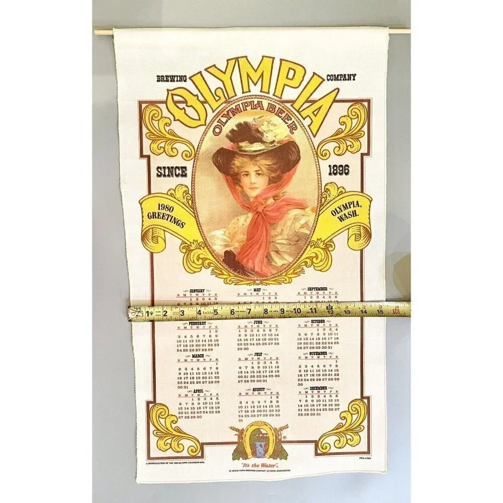 Vintage Olympia Beer Calendar 1980 Banner 1909 Olympia Calendar Girl 26.5x15.5”